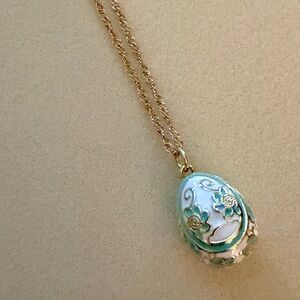 New Elegant White, Gold & Blue Cloisonné Egg Pendant On 14 K Gold Plated Chain